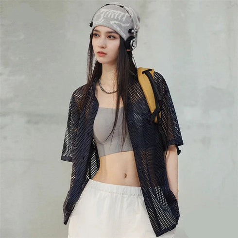 Women's Hollow Out Mesh Shirt with open stitch design and stand collar.